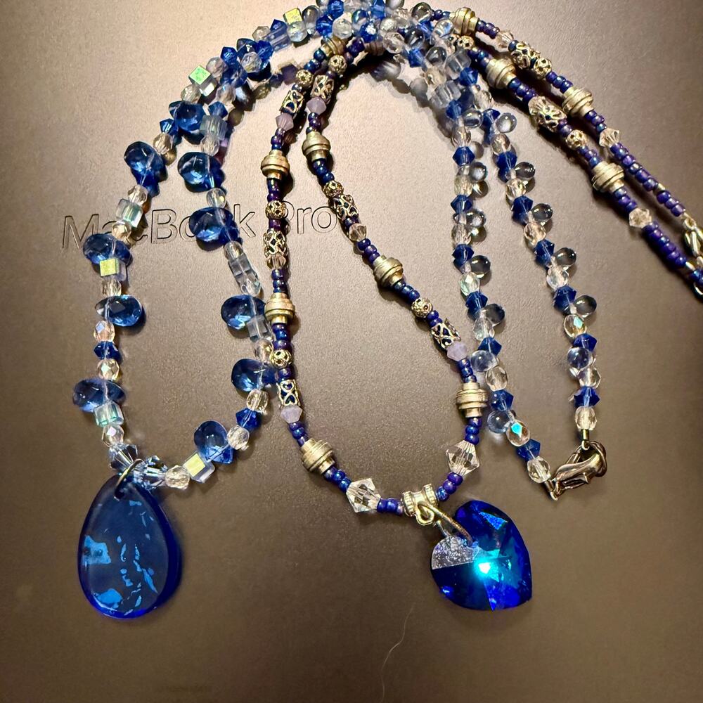 Pair of Handcrafted Blue Crystal Beaded Pendant Necklaces